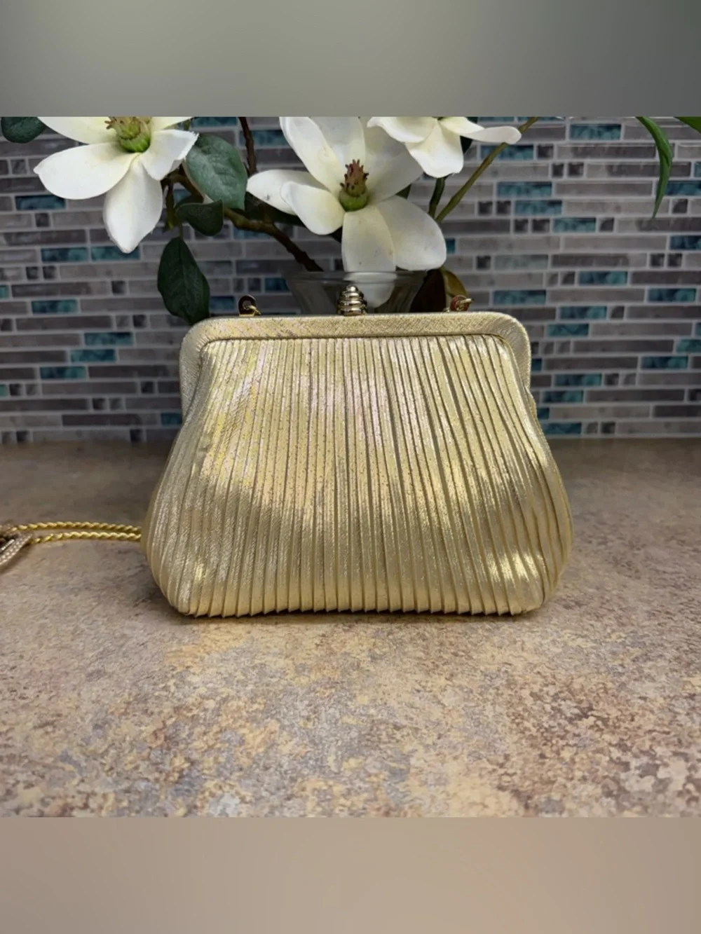 Gold Lame Pleated Evening Purse